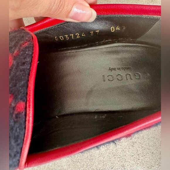 GUCCI Jordaan GG Monogram Horsebit Wool Flat Loafers Navy Blue & Red EU 37 US 7 - Picture 5 of 10
